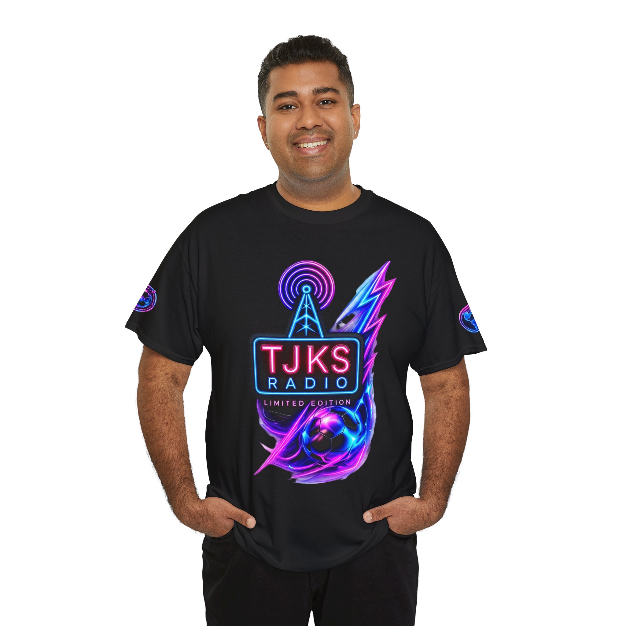 TJKS Radio Neon Soccer Logo T-Shirt — Retro Electric Music Tee - Image 4