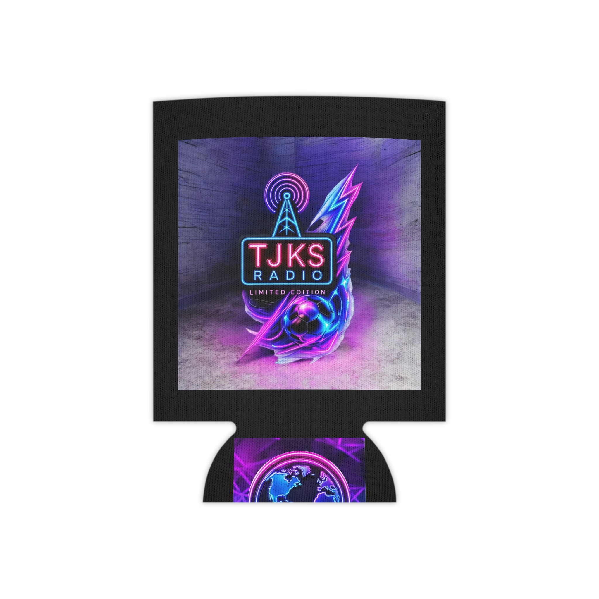 TJKS Radio Neon Logo Can Cooler – Retro Vaporwave Beer Koozie - Image 2