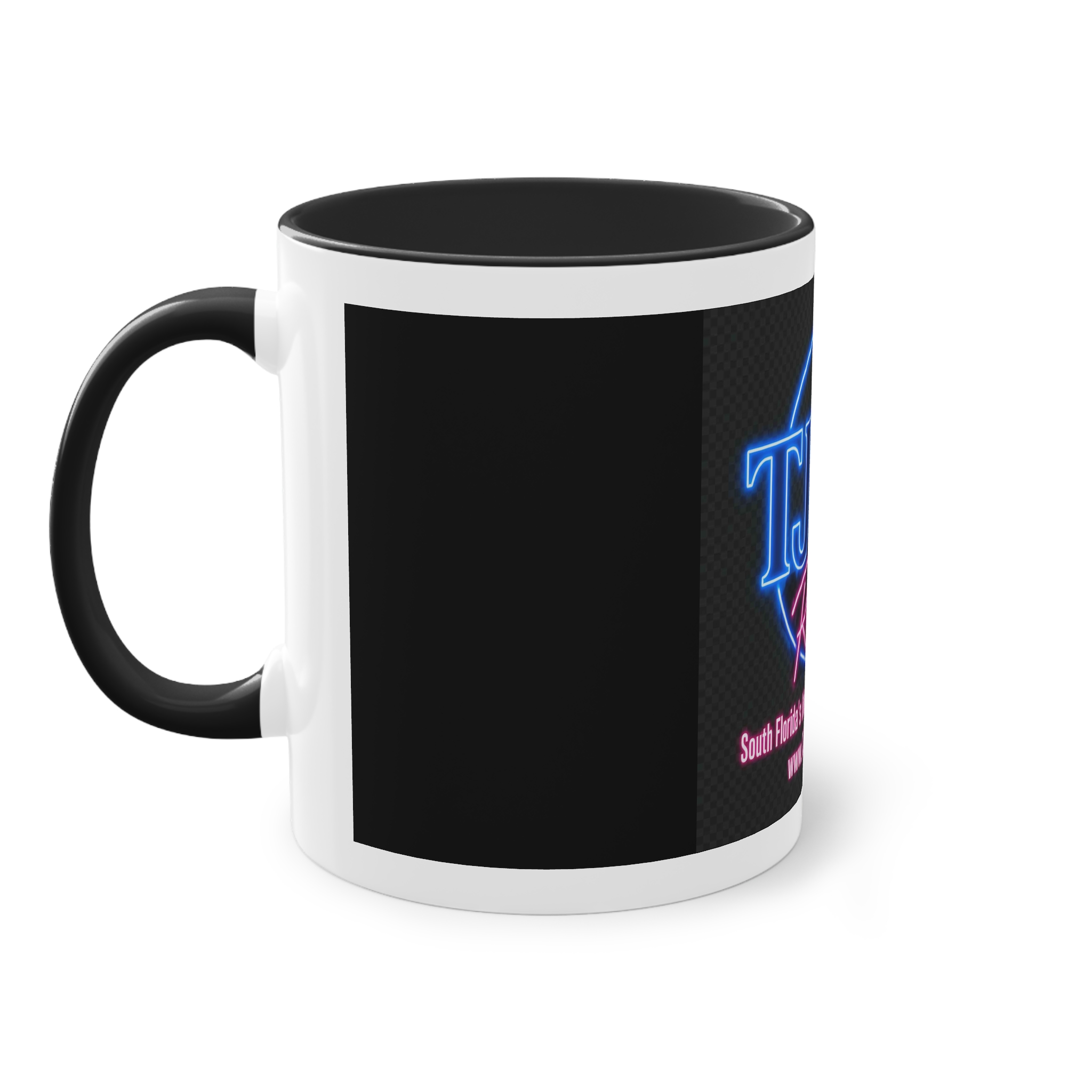 TJKS Radio Neon Logo Coffee Mug — Two-Tone 11oz - Image 3