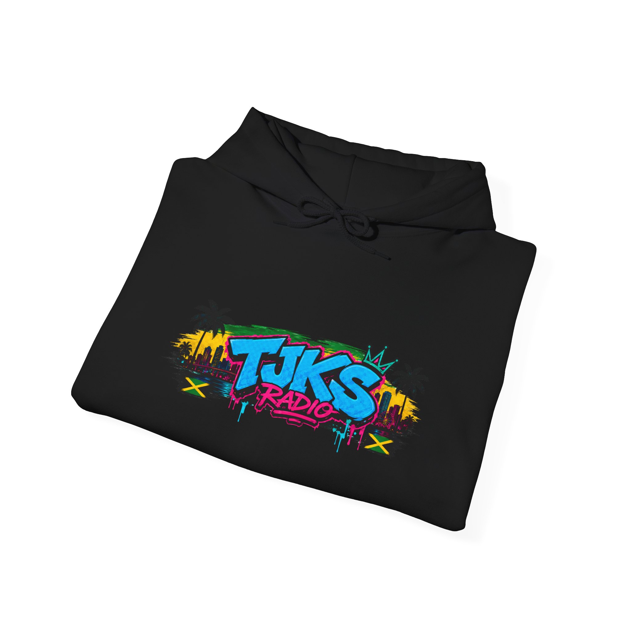Live From Miami Hoodie — TJKS Radio Neon Palm Skyline Sweatshirt - Image 4