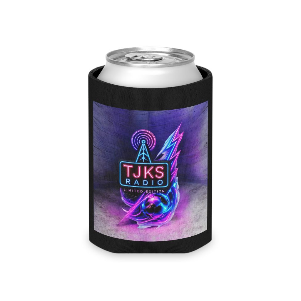 TJKS Radio Neon Logo Can Cooler – Retro Vaporwave Beer Koozie