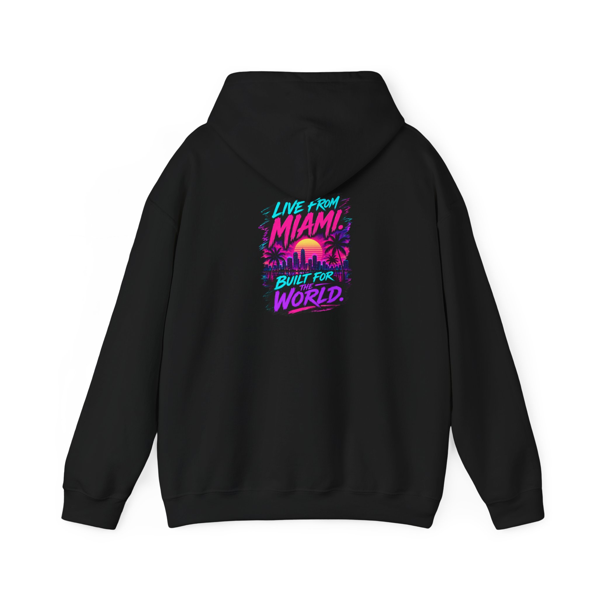 Live From Miami Hoodie — TJKS Radio Neon Palm Skyline Sweatshirt - Image 2