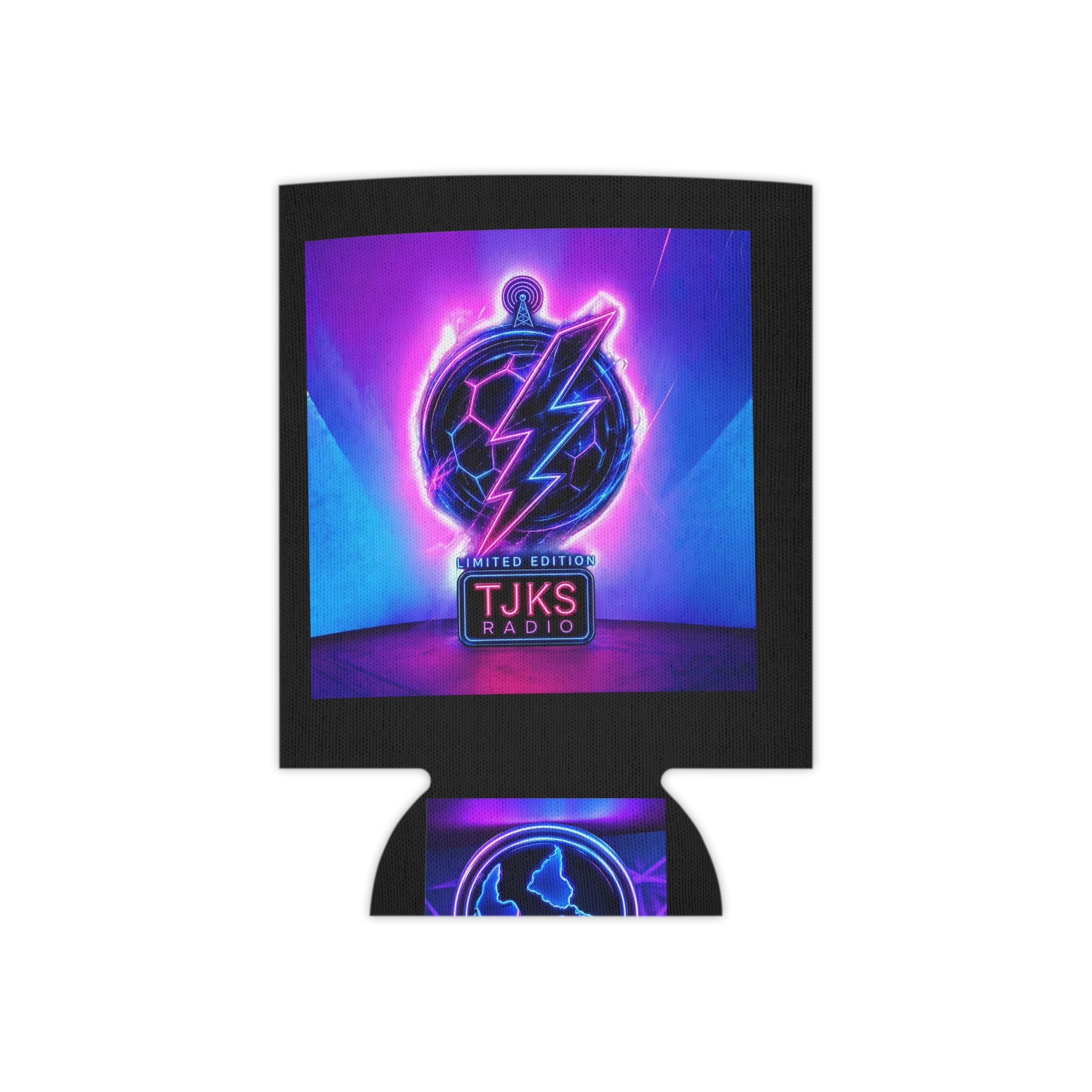 TJKS Radio Neon Logo Can Cooler – Retro Vaporwave Beer Koozie - Image 3