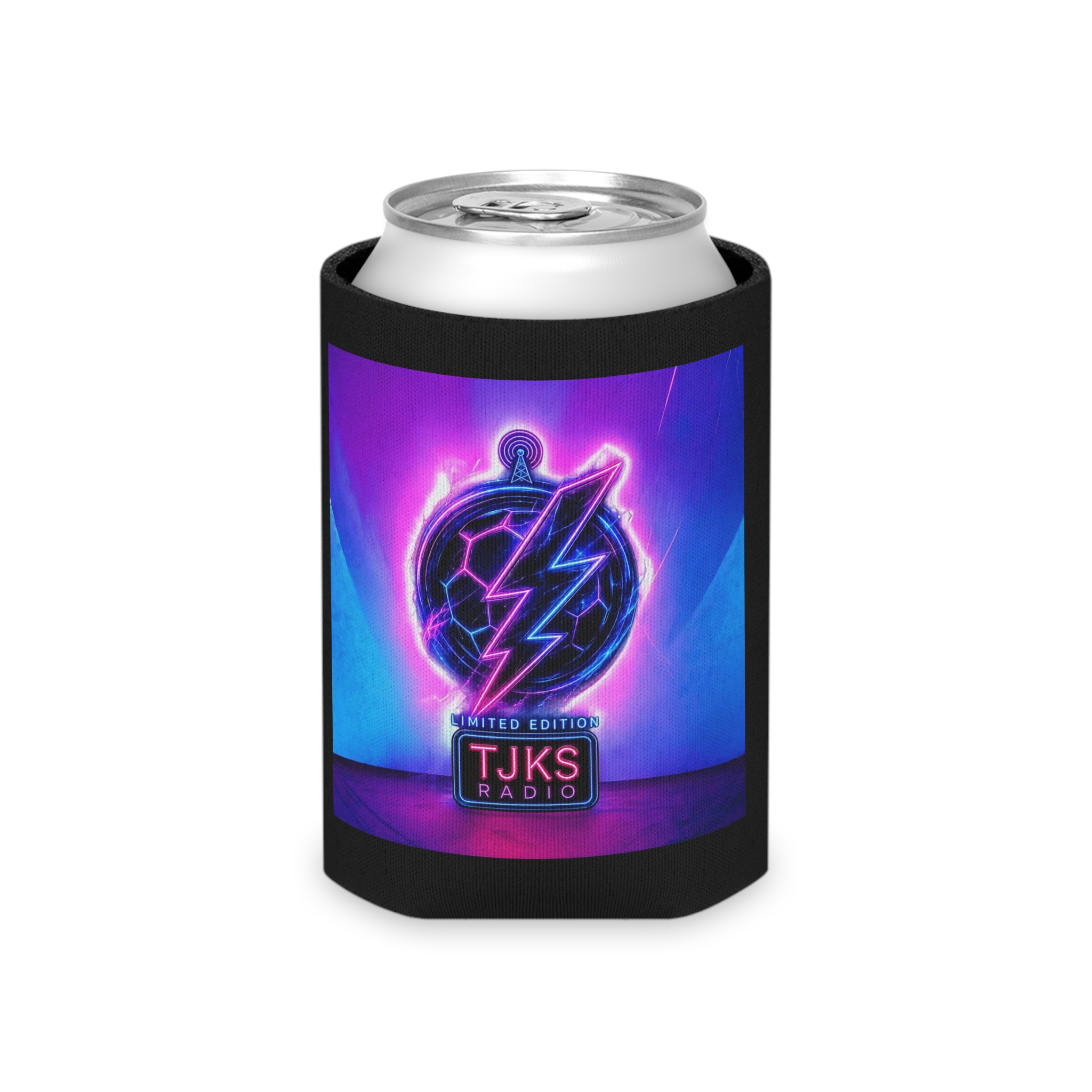 TJKS Radio Neon Logo Can Cooler – Retro Vaporwave Beer Koozie - Image 4