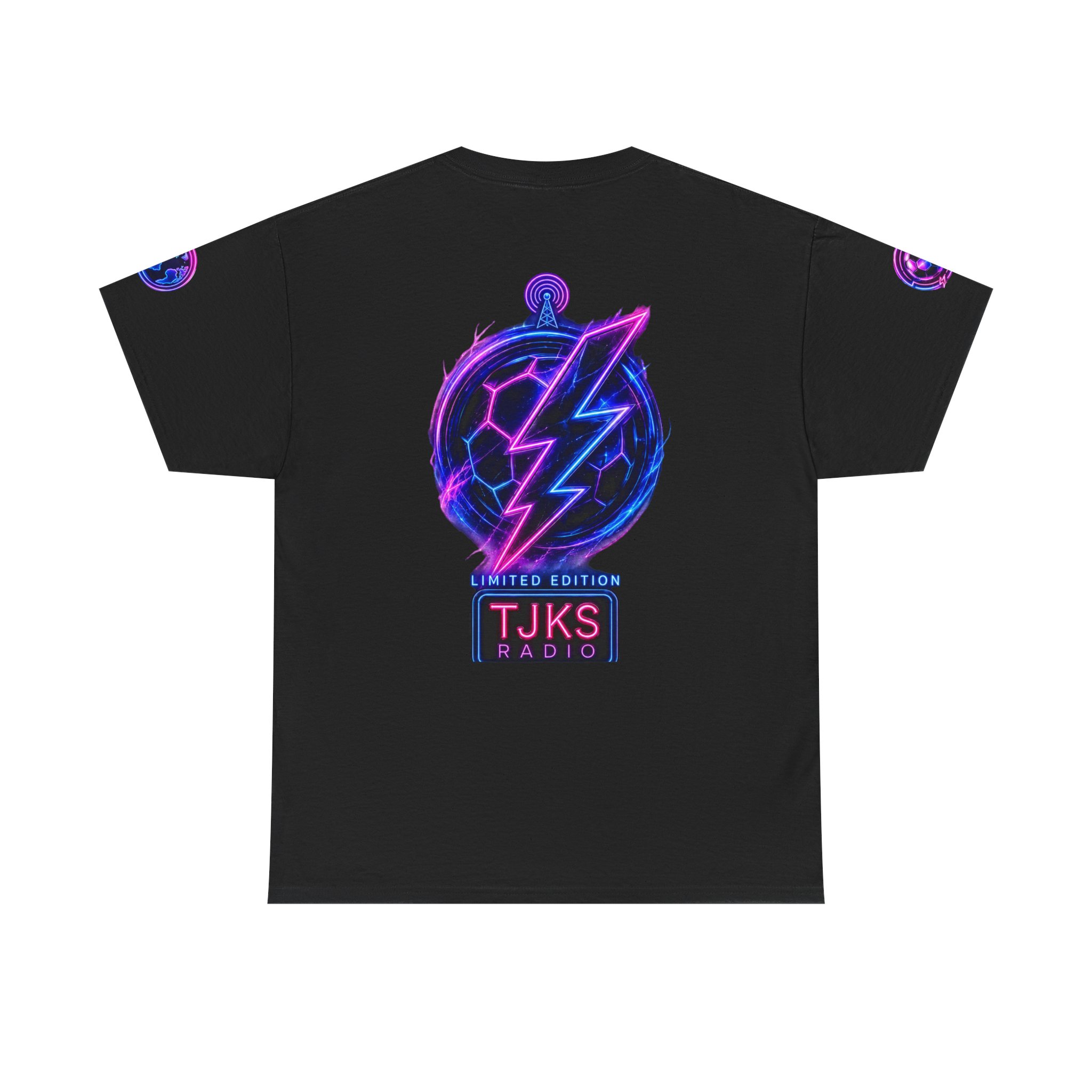 TJKS Radio Neon Soccer Logo T-Shirt — Retro Electric Music Tee