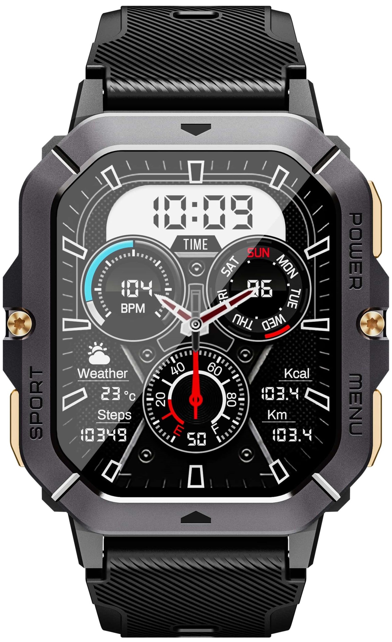 Rugged smartwatch with sport, power and menu buttons