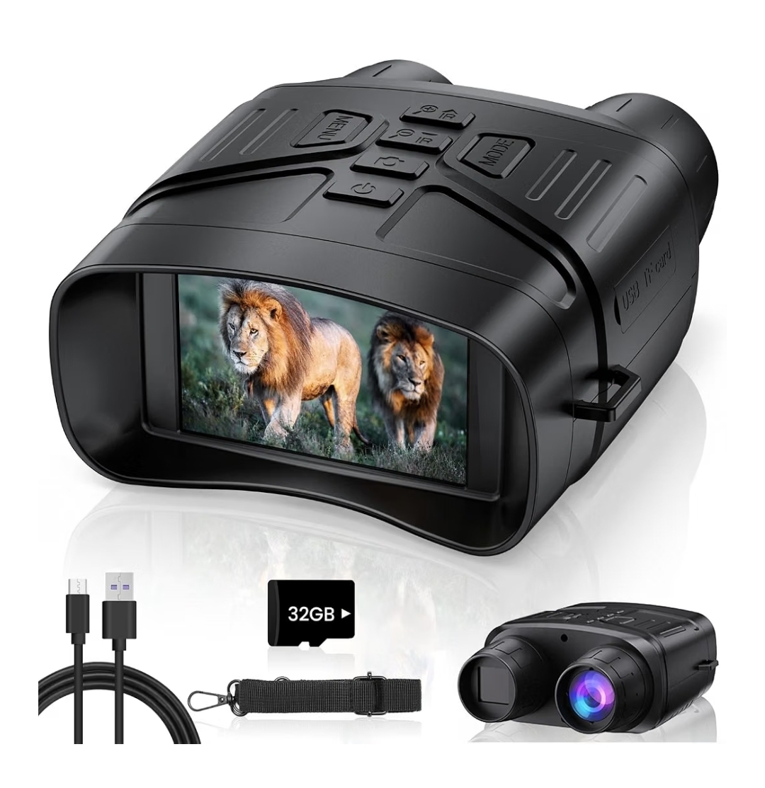 Digital night vision binoculars with built-in viewing screen, 32GB memory card, USB cable and carrying strap