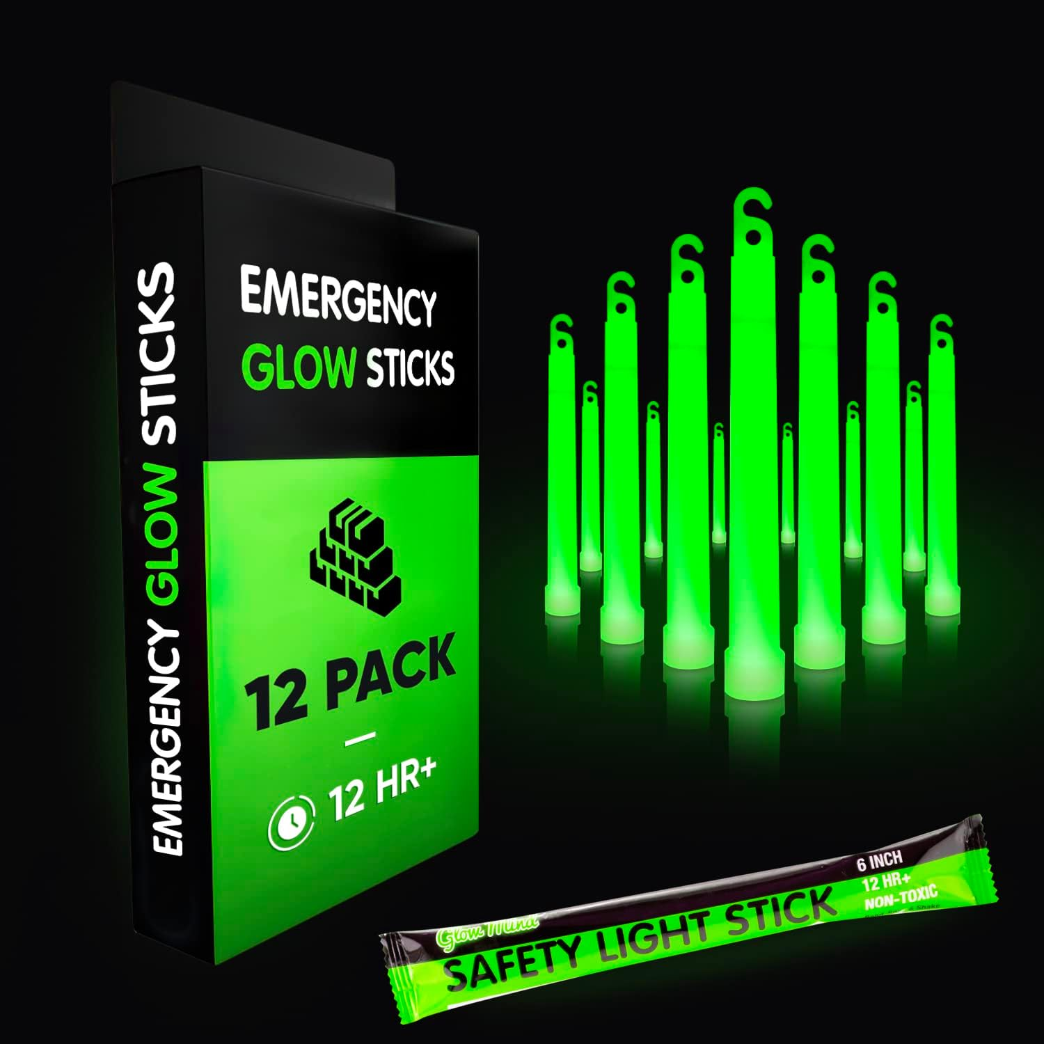 12 pack green emergency glow sticks with 12 hour duration