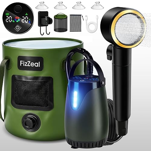 FizZeal portable camping shower with rechargeable pump, LED display, shower head, and foldable water bucket