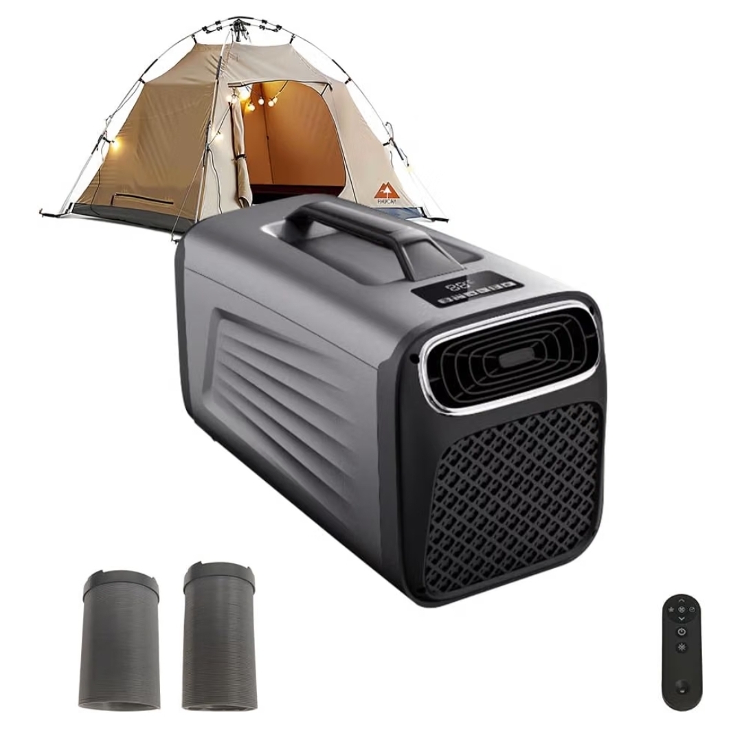 Portable camping air conditioner with tent, exhaust hoses, and remote control
