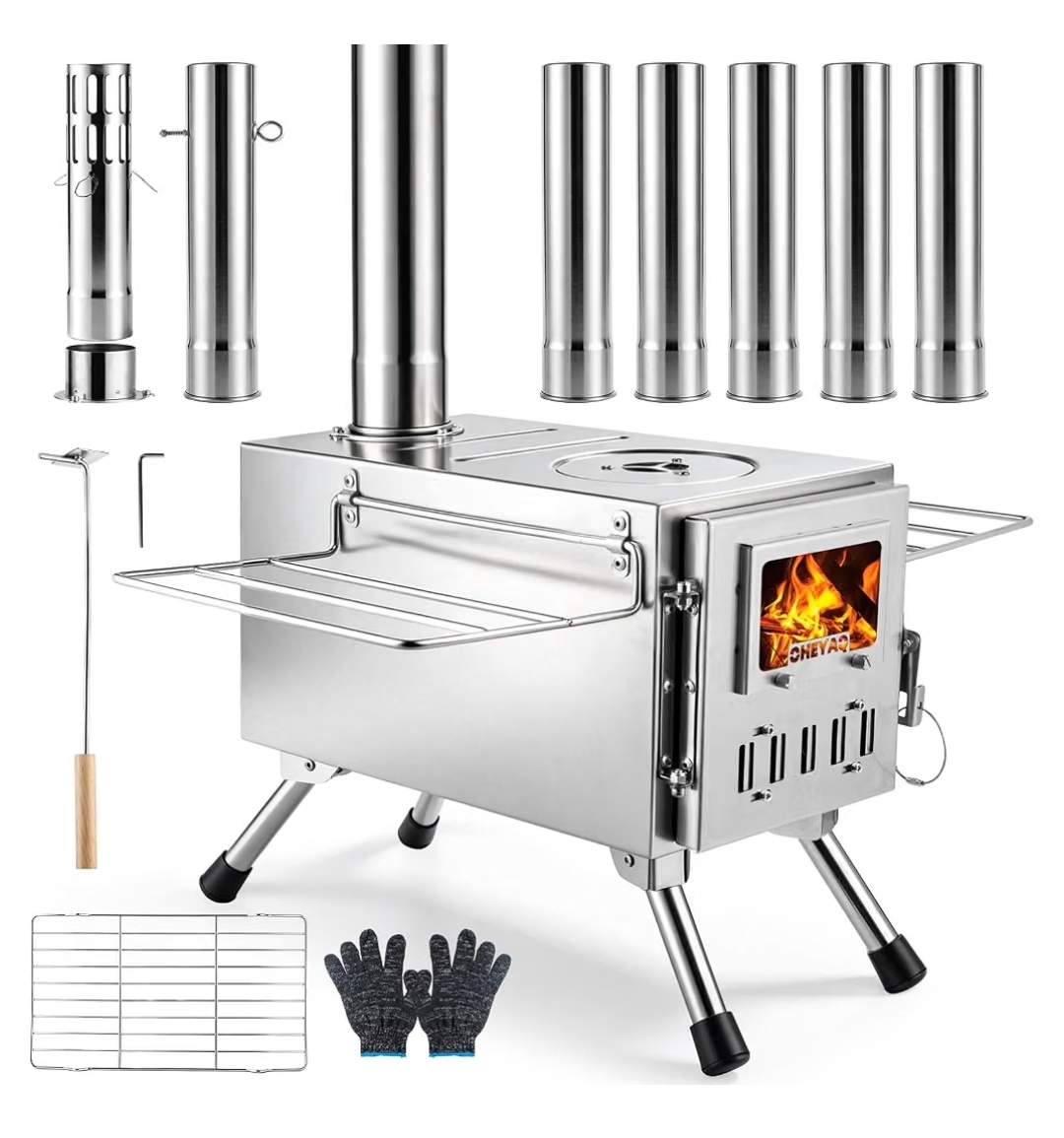 Portable stainless steel hot tent wood stove with chimney pipes, folding legs, grill rack and gloves