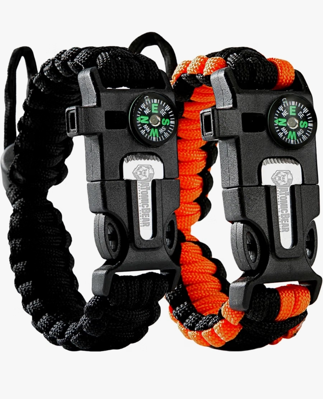 Two survival paracord bracelets with compass and emergency tools