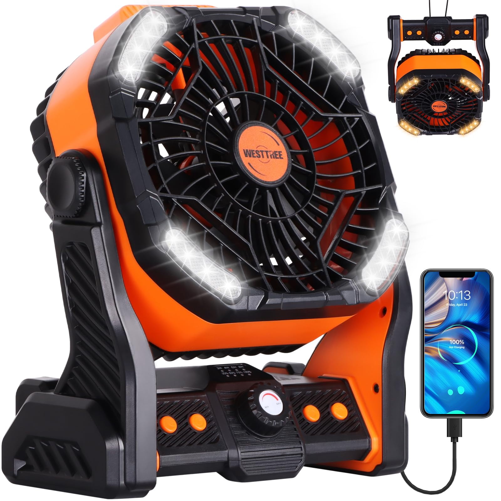 WESTTREE rechargeable camping fan with LED lights and USB charging