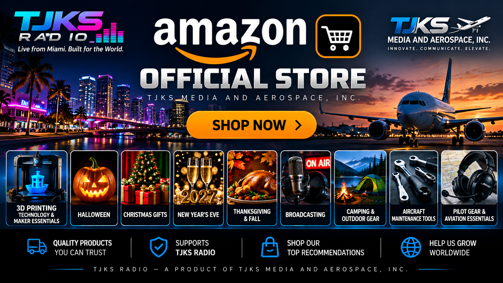 TJKS Amazon Store featuring aviation, broadcasting, 3D printing, camping and seasonal collections
